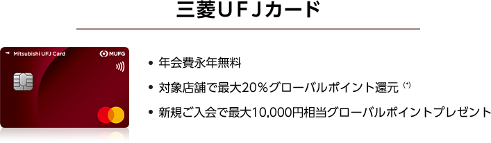三菱ＵＦＪカード 年会費永年無料 ・対象店舗で最大20％グローバルポイント還元（*） ・新規ご入会で最大10,000円相当グローバルポイントプレゼント