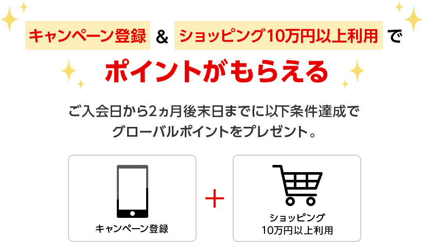キャンペーン登録 & ショッピング10万円以上利用でポイントがもらえる ご入会日から2ヵ月後末日までに以下条件達成でグローバルポイントをプレゼント。キャンペーン登録 + ショッピング10万円以上利用