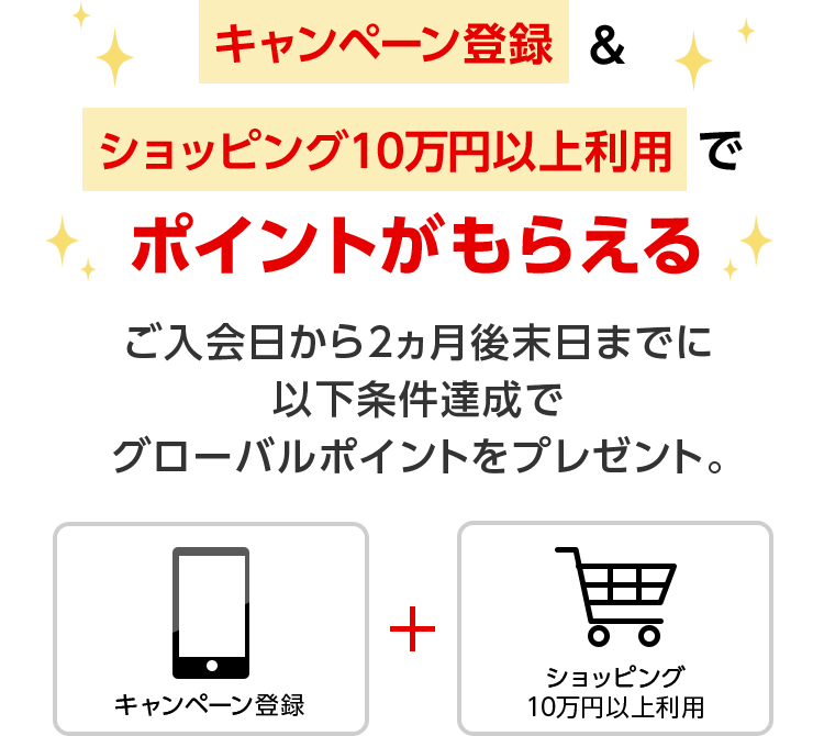 キャンペーン登録 & ショッピング10万円以上利用でポイントがもらえる ご入会日から2ヵ月後末日までに以下条件達成でグローバルポイントをプレゼント。キャンペーン登録 + ショッピング10万円以上利用