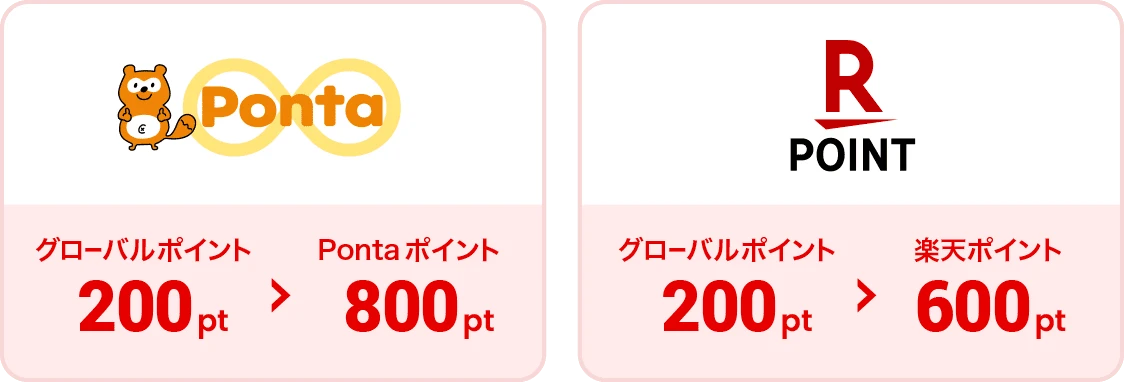 Ponta グローバルポイント200pt>Pontaポイント800pt RPOINT グローバルポイント200pt>楽天ポイント600pt