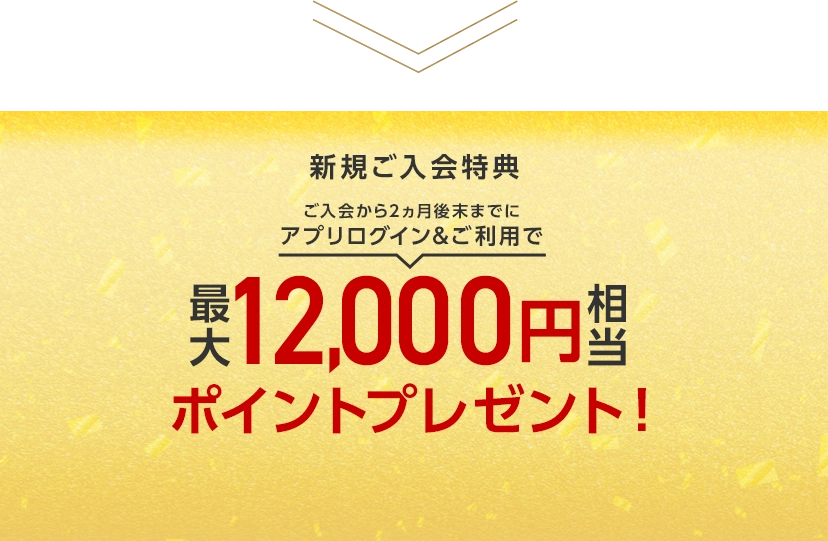 新規ご入会特典 ご入会から2ヵ月後末までにアプリログイン&ご利用で最大12,000円相当ポイントプレゼント！