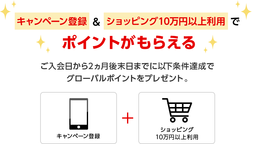 キャンペーン登録 & ショッピング10万円以上利用でポイントがもらえる ご入会日から2ヵ月後末日までに以下条件達成でグローバルポイントをプレゼント。キャンペーン登録 + ショッピング10万円以上利用