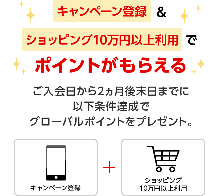 キャンペーン登録 & ショッピング10万円以上利用でポイントがもらえる ご入会日から2ヵ月後末日までに以下条件達成でグローバルポイントをプレゼント。キャンペーン登録 + ショッピング10万円以上利用
