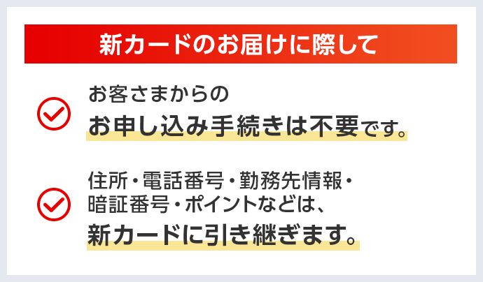 新カードのお届けに際してお客さまからのお申し込み手続きは不要です。住所・電話番号・勤務先情報・暗証番号・ポイントなどは、新カードに引き継ぎます。