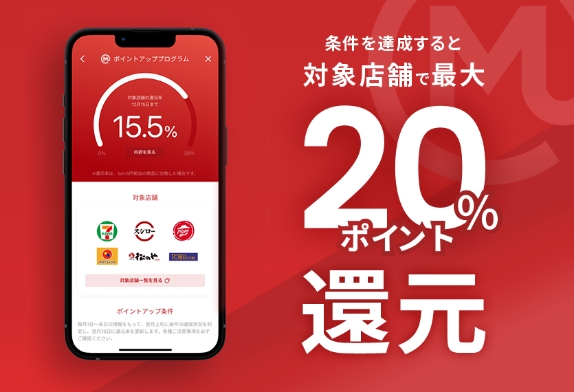条件を達成すると対象店舗で最大20%ポイント還元
