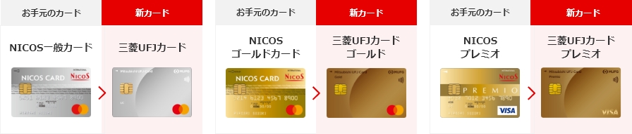 お手元のカード NICOS一般カード 新カード 三菱ＵＦＪカード お手元のカード NICOSゴールドカード 新カード 三菱ＵＦＪカードゴールド お手元のカード NICOSプレミオ 新カード 三菱ＵＦＪカードプレミオ