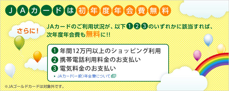 JAカードは初年度年会費無料 さらに！JAカードのご利用状況が、以下のいずれかに該当すれば、次年度年会費も無料に！！ 1：年間12万円以上のショッピング利用 2：携帯電話利用料金のお支払い 3：電気料金のお支払い JAカード（一般）年会費について ※JAゴールドカードは対象外です。