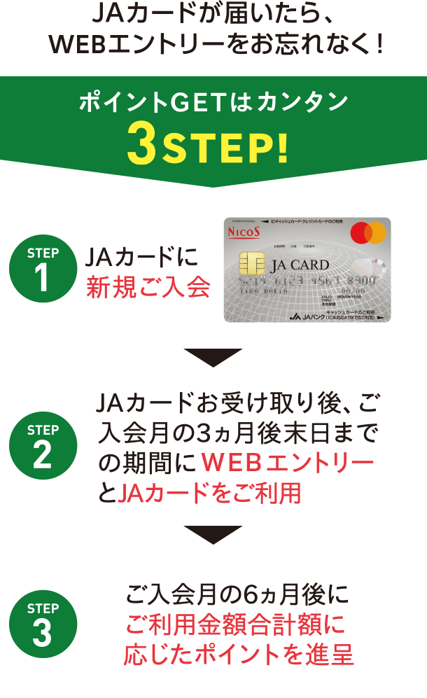 JAカードが届いたら、WEBエントリーをお忘れなく！ ポイントGETはカンタン3STEP！ STEP1 JAカードに新規ご入会 → STEP2 JAカードお受け取り後、ご入会月の3ヵ月後末日までの期間にWEBエントリーとJAカードをご利用 → STEP3 ご入会月の6ヵ月後にご利用金額合計額に応じたポイントを進呈