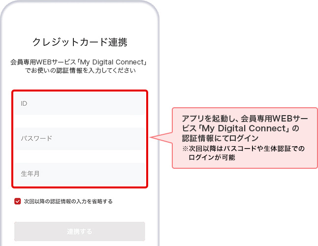 アプリを起動し、会員専用WEBサービス「My Digital Connect」の認証情報にてログイン ※次回以降はパスコードや生体認証でのログインが可能