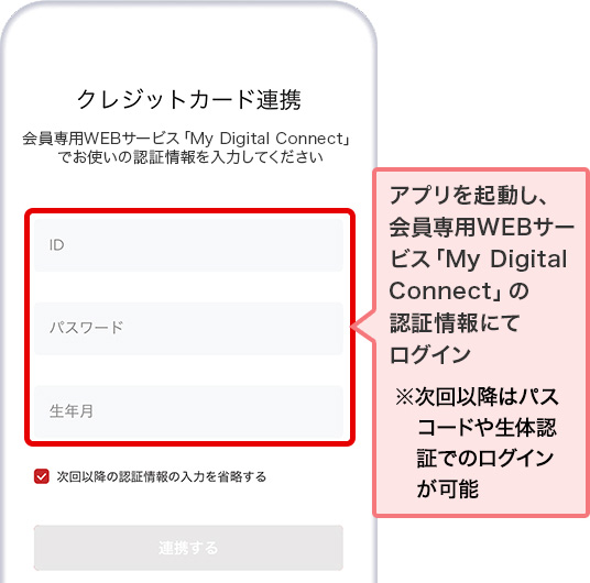 アプリを起動し、会員専用WEBサービス「My Digital Connect」の認証情報にてログイン ※次回以降はパスコードや生体認証でのログインが可能