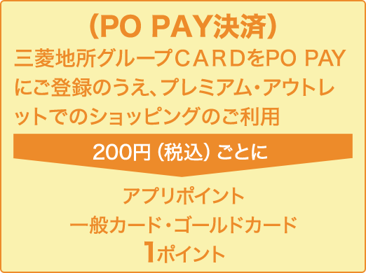 （PO PAY決済） 三菱地所グループＣＡＲＤをPO PAYにご登録のうえ、プレミアム・アウトレットでのショッピングのご利用200円（税込）ごとにアプリポイント 一般カード・ゴールドカード 1ポイント