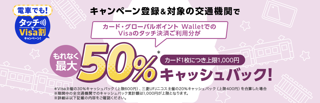 電車でも！タッチでVisa割キャンペーン！ キャンペーン登録&対象の交通機関でカード・グローバルポイント WalletでのVisaのタッチ決済ご利用分がもれなく最大50％*キャッシュバック！ カード1枚につき上限1,000円 *Visa主催の30％キャッシュバック（上限600円）、三菱UFJニコス主催の20％キャッシュバック（上限400円）を合算した場合 ※期間中の全交通機関でのキャッシュバック累計額は1,000円が上限となります。 ※詳細は以下記載の内容をご確認ください。