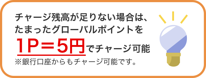 チャージ残高が足りない場合は、たまったグローバルポイントを1P＝5円でチャージ可能 ※銀行口座からもチャージ可能です。