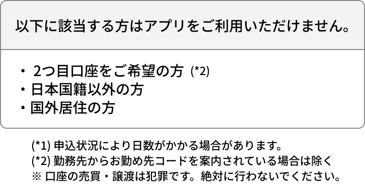 以下に該当する方はアプリをご利用いただけません。2つ目口座をご希望の方 (*2) 日本国籍以外の方 国外居住の方 (*1) 申込状況により日数がかかる場合があります。(*2) 勤務先からお勤め先コードを案内されている場合は除く ※口座の売買・譲渡は犯罪です。絶対に行わないでください。