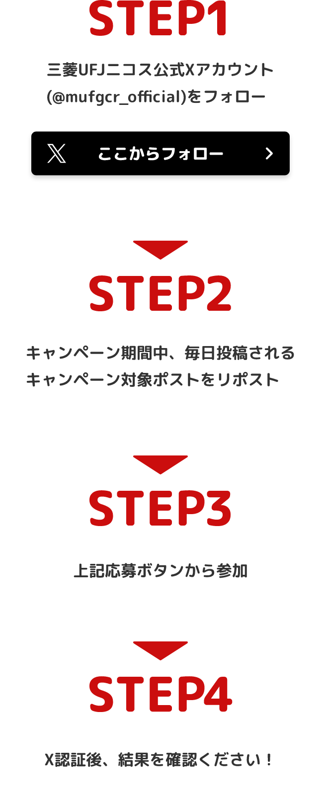 STEP1 三菱UFJニコス公式Xアカウント(@mufgcr_official)をフォロー ここからフォロー STEP2 キャンペーン期間中、毎日投稿されるキャンペーン対象ポストをリポスト STEP3  上記応募ボタンから参加 STEP4 X認証後、結果を確認ください！