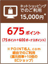 ネットショッピングでのご利用15,000円* 675ポイント(75ポイント+600ボーナスポイント) ※POINT名人.com経由でのご利用(還元倍率+10倍のECショップ)
