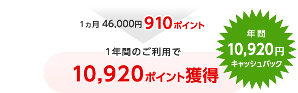 1ヵ月 46,000円 910ポイント 1年間のご利用で10,920ポイント獲得 年間10,920円キャッシュバック