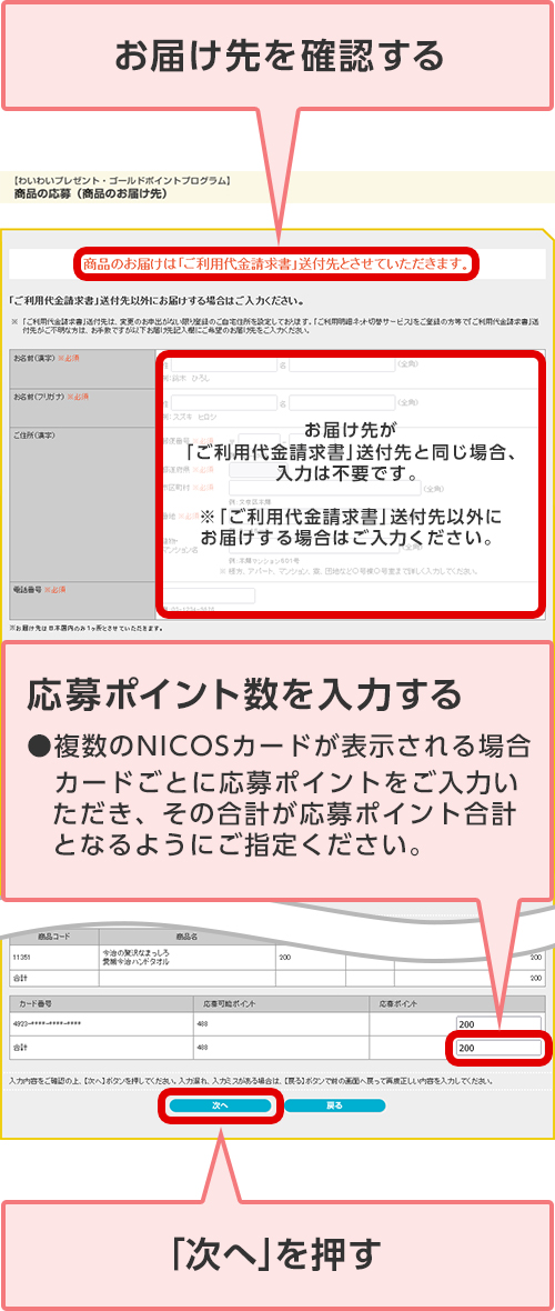 お届け先を確認する 応募ポイント数を入力する ●複数のNICOSカードが表示される場合 カードごとに応募ポイントをご入力いただき、その合計が応募ポイント合計となるようにご指定ください。 「次へ」を押す