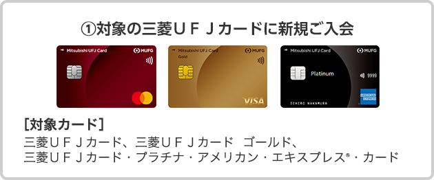 ①対象の三菱ＵＦＪカードに新規ご入会 ［対象カード］三菱ＵＦＪカード、三菱ＵＦＪカード ゴールド、 三菱ＵＦＪカード・プラチナ・アメリカン・エキスプレス&reg;・カード