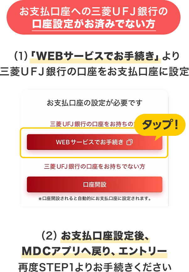 お支払口座への三菱ＵＦＪ銀行の口座設定がお済みでない方 （1）「WEBサービスでお手続き」より三菱ＵＦＪ銀行の口座をお支払口座に設定 （2）お支払口座設定後、ＭＤＣアプリへ戻り、エントリー 再度STEP1よりお手続きください