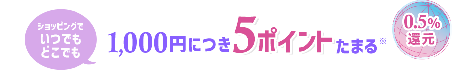 ショッピングでいつでもどこでも 1,000円につき5ポイントたまる※ 0.5％還元