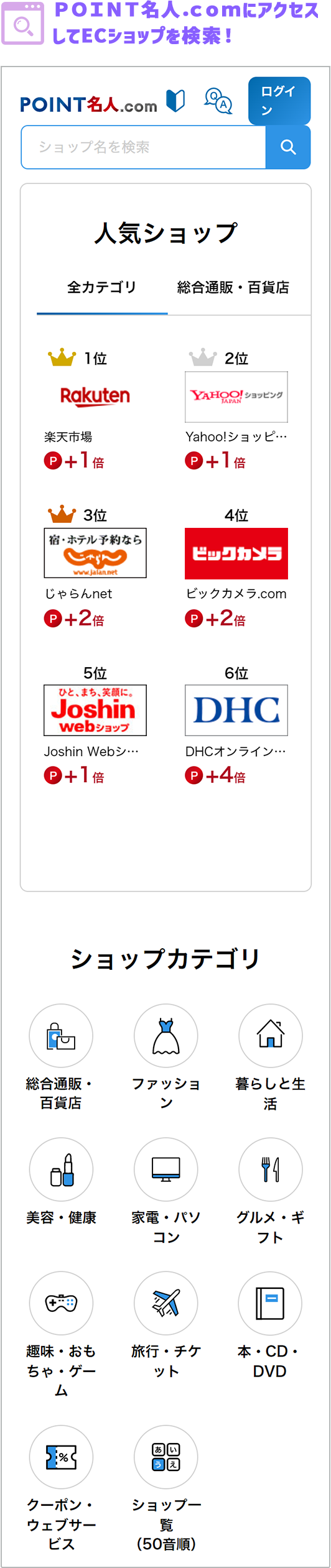 ＰＯＩＮＴ名人．ｃｏｍにアクセスしてECショップを検索！