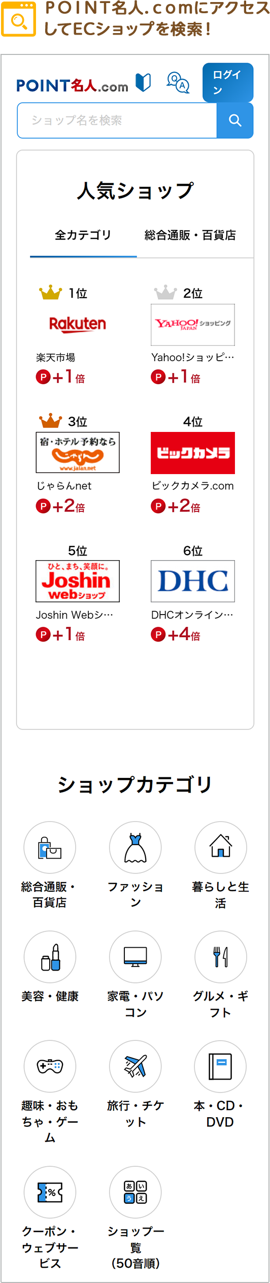 ＰＯＩＮＴ名人．ｃｏｍにアクセスしてECショップを検索！