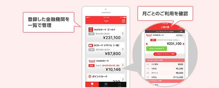 登録した金融機関を一覧で管理 月ごとのご利用を確認