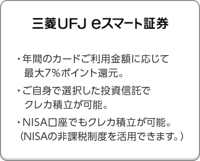 三菱ＵＦＪ ｅスマート証券 ・年間のカードご利用金額に応じて最大7％ポイント還元。・ご自身で選択した投資信託でクレカ積立が可能。・NISA口座でもクレカ積立が可能。（NISAの非課税制度を活用できます。）