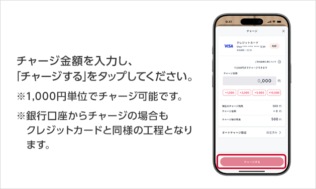 チャージ金額を入力し、「チャージする」をタップしてください。※1,000円単位でチャージ可能です。※銀行口座からチャージの場合もクレジットカードと同様の工程となります。
