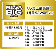 メガビッグ くじ史上最高額！* 1等最高12億円くじ 当せん金額 1等最高12億円 購入金額 1口300円 当せん 12コの数字のうち 1等・・・全ての数字が一致 2等・・・1コはずれ 3等・・・2コはずれ 4等・・・3コはずれ 5等・・・4コはずれ 6等・・・5コはずれ