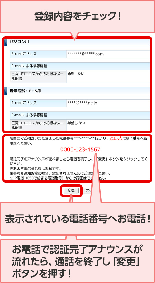 登録内容をチェック！ 表示されている電話番号へお電話！ お電話で認証完了アナウンスが流れたら、通話を終了し「変更」ボタンを押す！