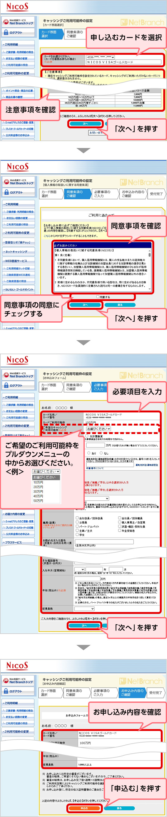 申し込むカードを選択 注意事項を確認 「次へ」を押す 同意事項を確認 同意事項の同意にチェックする 「次へ」を押す 必要項目を入力 ご希望のご利用可能枠をプルダウンメニューの中からお選びください。 「次へ」を押す お申し込み内容を確認 「申込む」を押す