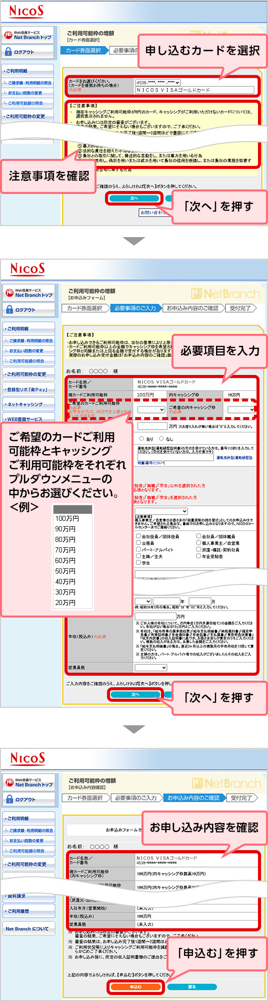 申し込むカードを選択 注意事項を確認 「次へ」を押す 必要項目を入力 ご希望のカードご利用可能枠とキャッシングご利用可能枠をそれぞれプルダウンメニューの中からお選びください。 「次へ」を押す お申し込み内容を確認 「申込む」を押す