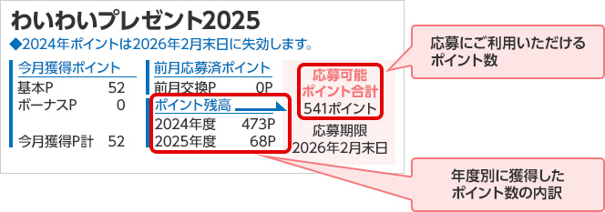 応募にご利用いただけるポイント数 年度別に獲得したポイント数の内訳