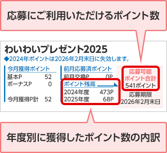 応募にご利用いただけるポイント数 年度別に獲得したポイント数の内訳