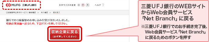 三菱ＵＦＪ銀行のWEBサイトからWeb会員サービス「Net Branch」に戻る ※三菱ＵＦＪ銀行でのお手続き完了後、Web会員サービス「Net Branch」に戻るためのボタンを押す
