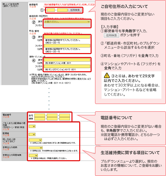 ご自宅住所の入力について 現在のご登録内容からご変更がない項目もご入力ください。 【入力手順】 ①郵便番号を半角数字で入力、住所検索ボタンを押す ②「都道府県・市区町村」のプルダウンメニューから該当するものを選択 ③町名・番地(フリガナ)を全角で入力 ④マンションやアパート名(フリガナ)を全角で入力 ! ③と④は、あわせて29文字以内でご入力ください。 あわせて30文字以上になる場合は、マンション・アパート名などを省略してください。 電話番号について 現在のご登録内容からご変更がない場合も、半角数字でご入力ください。 ※固定電話か携帯電話か、どちらか一つは必ずご入力ください。 生活維持費に関する項目について プルダウンメニューより選択し、現在のお客さまの情報について、ご登録をお願いいたします。