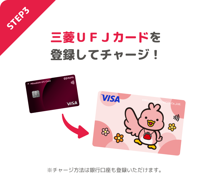 STEP3 三菱UFJカードを登録してチャージ! ※チャージ方法は銀行口座も登録いただけます。