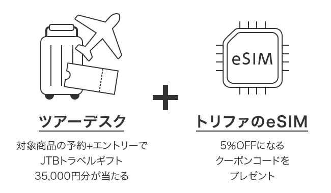 ツアーデスク 対象商品の予約+エントリーでJTBトラベルギフト 35,000円分が当たる + トリファのeSIM 5％OFFになるクーポンコードをプレゼント
