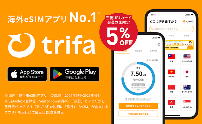 海外eSIMアプリNo.1※ trifa App Storeからダウンロード Google Play で手に入れよう 三菱ＵＦＪカード会員さま限定 5％OFF ※ 国内「旅行用eSIMアプリ」のDL数（2024年5月~2025年4月・iOS&Android合算値・Sensor Tower調べ）「旅行」カテゴリから旅行用eSIMアプリ（アプリ名か説明に「旅行」「eSIM」が含まれるアプリ）を当社にて抽出し DL数を算出。