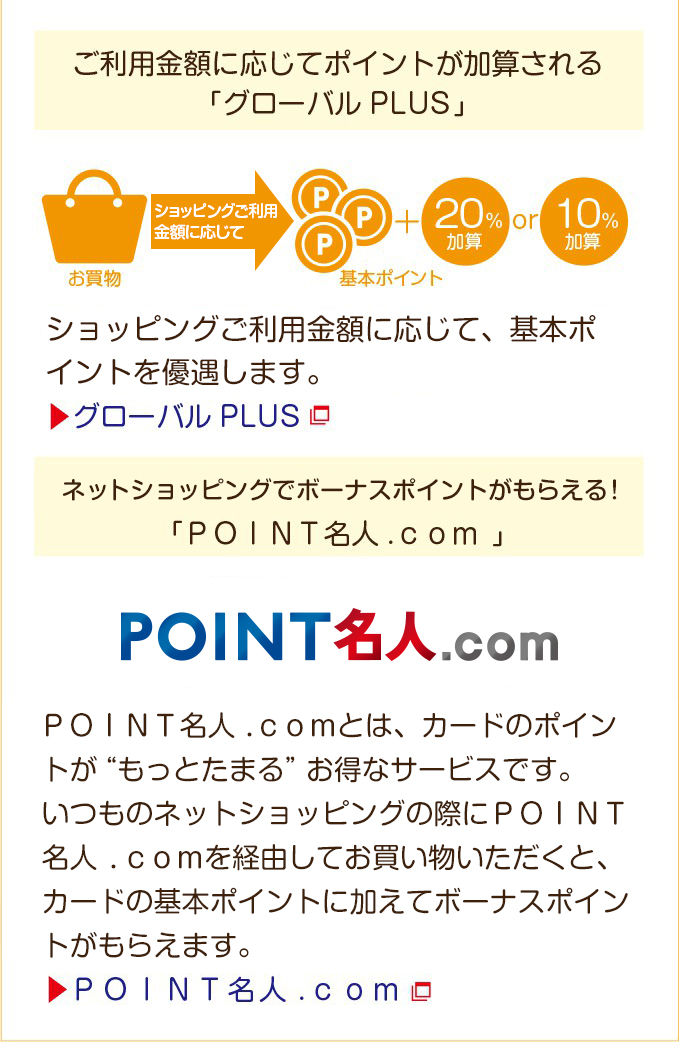 ご利用金額に応じてポイントが加算される＜グローバルPLUS＞。ネットショッピングでボーナスポイントがもらえる！＜ＰＯＩＮＴ名人.ｃｏｍ＞。 