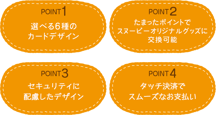 POINT1：選べる6種のカードデザイン POINT2：たまったポイントでスヌーピーオリジナルグッズに交換可能 POINT3：セキュリティに配慮したデザイン POINT4：タッチ決済でスムーズなお支払い