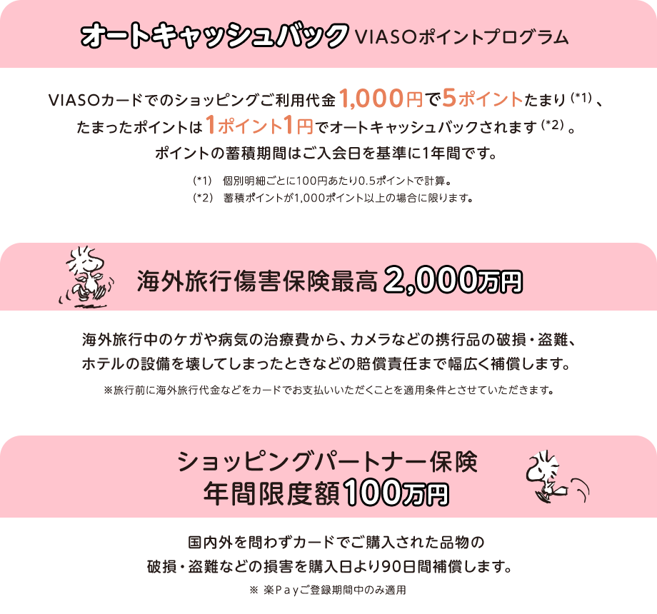 オートキャッシュバックVIASOポイントプログラム VIASOカードでのショッピングご利用代金1,000円で5ポイントたまり（*1）、たまったポイントは1ポイント1円でオートキャッシュバックされます（*2）。ポイントの蓄積期間はご入会日を基準に1年間です。 （*1）個別明細ごとに100円あたり0.5ポイントで計算。 （*2）蓄積ポイントが1,000ポイント以上の場合に限ります。 海外旅行傷害保険最高2,000万円 海外旅行中のケガや病気の治療費から、カメラなどの携行品の破損・盗難、ホテルの設備を壊してしまったときなどの賠償責任まで幅広く補償します。 ※旅行前に海外旅行代金などをカードでお支払いいただくことを適用条件とさせていただきます。 ショッピングパートナー保険年間限度額100万円 国内外を問わずカードでご購入された品物の破損・盗難などの損害を購入日より90日間補償します。 ※ 楽Ｐａｙご登録期間中のみ適用