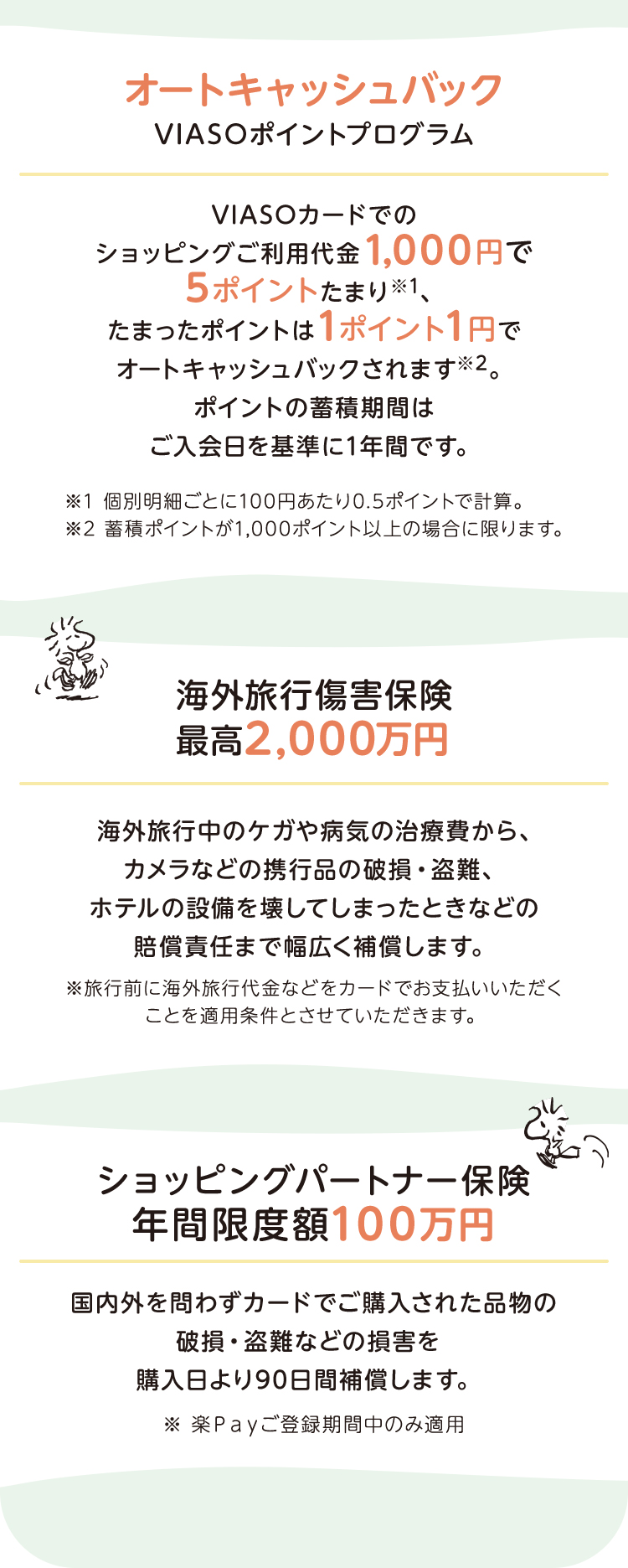 VIASOカードの特長＜オートキャッシュバックVIASOポイントプログラム＞ ＜海外旅行傷害保険 最高2,000万円 ＞＜ショッピングパートナー保険 年間限度額100万円＞