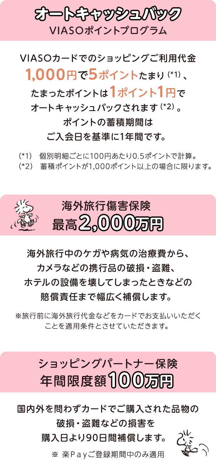 オートキャッシュバックVIASOポイントプログラム VIASOカードでのショッピングご利用代金1,000円で5ポイントたまり（*1）、たまったポイントは1ポイント1円でオートキャッシュバックされます（*2）。ポイントの蓄積期間はご入会日を基準に1年間です。 （*1）個別明細ごとに100円あたり0.5ポイントで計算。 （*2）蓄積ポイントが1,000ポイント以上の場合に限ります。 海外旅行傷害保険最高2,000万円 海外旅行中のケガや病気の治療費から、カメラなどの携行品の破損・盗難、ホテルの設備を壊してしまったときなどの賠償責任まで幅広く補償します。 ※旅行前に海外旅行代金などをカードでお支払いいただくことを適用条件とさせていただきます。 ショッピングパートナー保険年間限度額100万円 国内外を問わずカードでご購入された品物の破損・盗難などの損害を購入日より90日間補償します。 ※ 楽Ｐａｙご登録期間中のみ適用