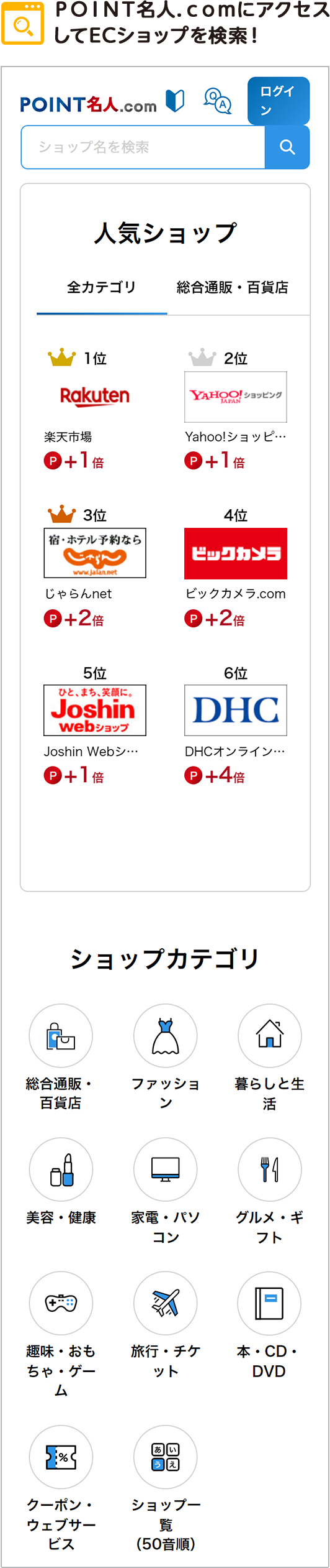 ＰＯＩＮＴ名人．ｃｏｍにアクセスしてECショップを検索！